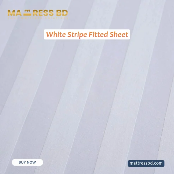 Close-up of a white stripe fitted sheet showing the subtle tonal damask stripe pattern and smooth fabric texture.