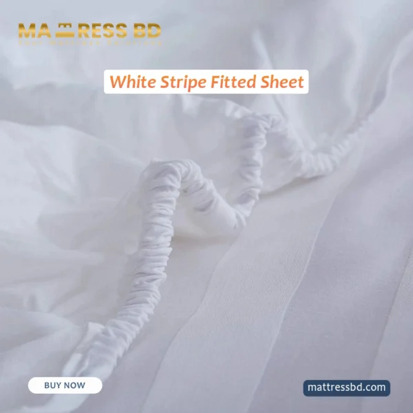 Close-up of a white stripe fitted sheet showing the subtle tonal damask stripe pattern and smooth fabric texture.