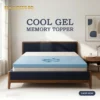 A blue-tinted cool gel memory topper laid out on a bed frame.