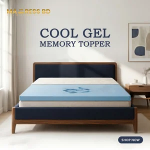A blue-tinted cool gel memory topper laid out on a bed frame.