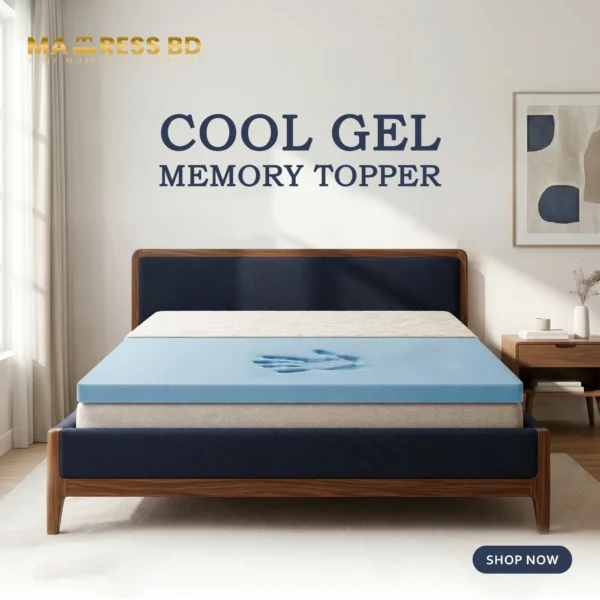 A blue-tinted cool gel memory topper laid out on a bed frame.