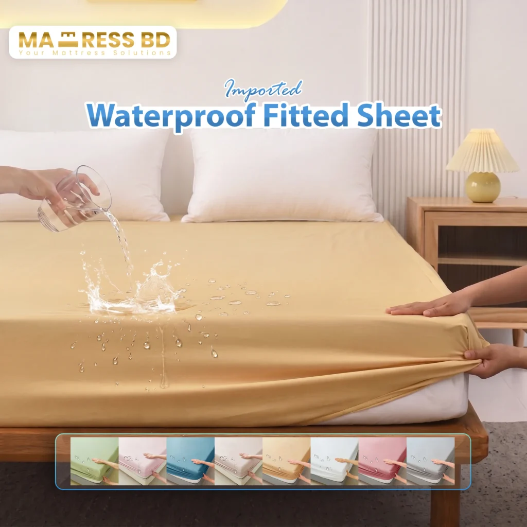 A neatly organized grid display showcasing various sizes and colors of imported waterproof fitted sheet.