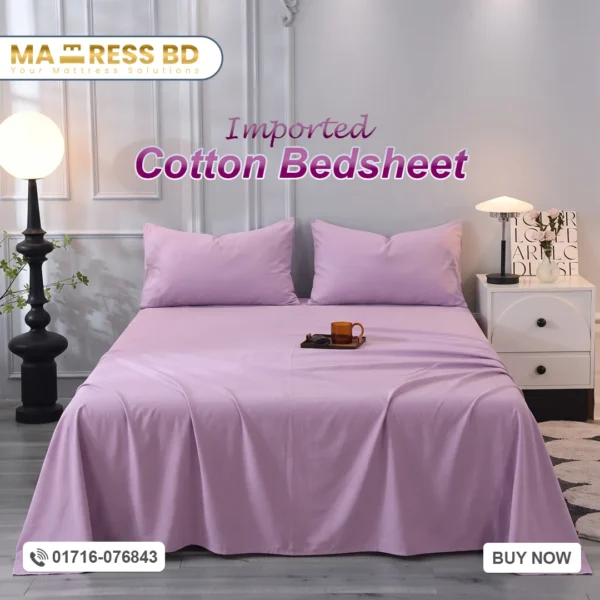 Premium Imported Cotton Bedsheet set on bed showing 100% cotton fabric composition.