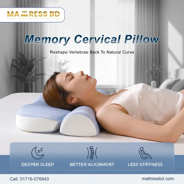 Ergonomic memory cervical pillow with contoured neck support curve.