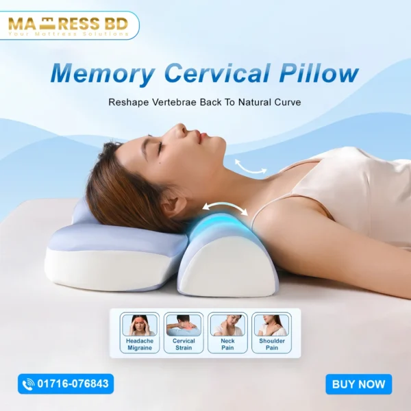 Ergonomic memory cervical pillow with contoured neck support curve.